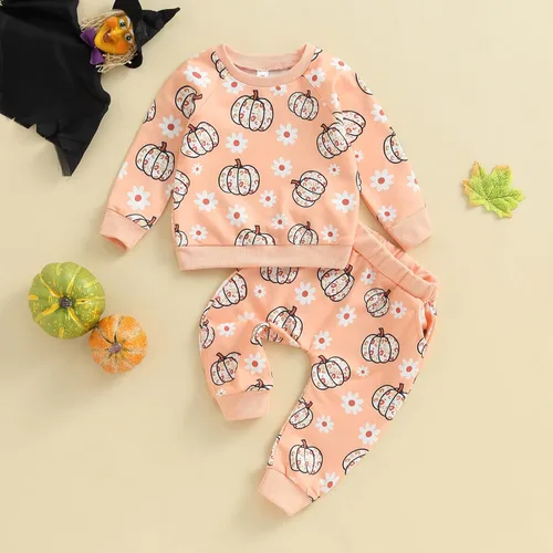 Vista 2 de Conjunto de sudadera de calabaza para niñas pequeñas de Halloween y pantalones cálidos, ropa de otoño e invierno