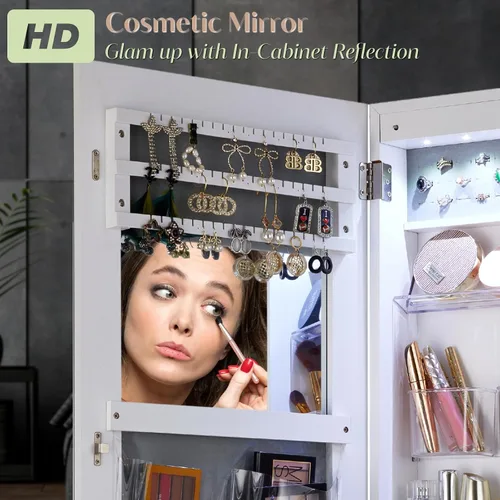 Vista 8 de YOKUKINA Armario de joyería LED montado en la pared y la puerta, espejo de vestidor de longitud completa con organizador grande con cerradura