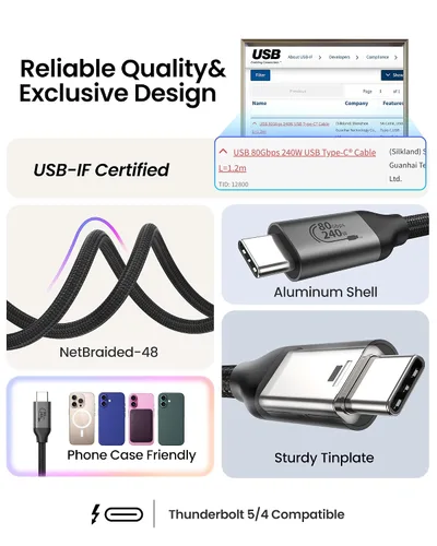 Vista 5 de Silkland Cable USB 4 de 80Gbps para Thunderbolt 5, [certificado USB-IF] Ancho de banda de 120Gbps para 16K/8K dual, carga de 240W, cable USB C