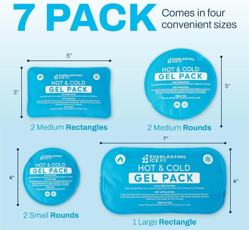Vista 5 de Paquetes de hielo reutilizables de gel caliente y frío para lesiones, paquete de 7 paquetes de hielo de gel variados, solución de terapia fría