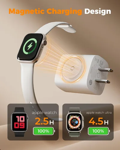 Vista 3 de Bloques de carga para Apple Watch, bloque de carga PD 20W USB C 3 en 1 con carga inalámbrica inteligente incorporada para reloj inteligente Blanco
