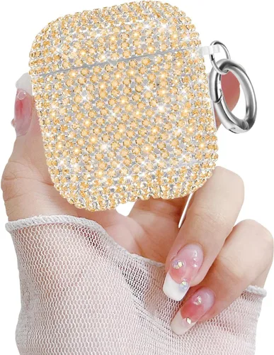 Vista 17 de Newseego Funda para AirPods de 1 y 2 generación, funda de lujo con diamantes de imitación brillantes con llavero para mujeres y niñas, anti-pérdida