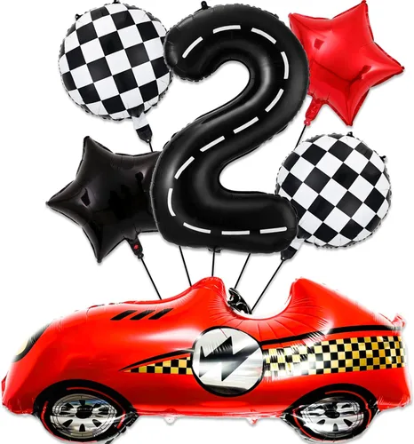 Vista 10 de Decoraciones de cumpleaños de carreras de 1 año, globos rojos grandes de coche de carreras de 40 pulgadas, globo negro número 1, globo a cuadros