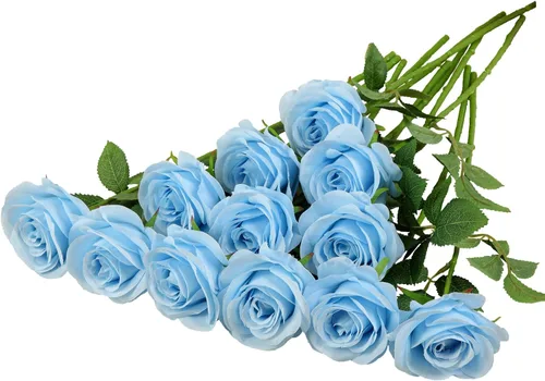 Vista 19 de 12 piezas Rosas Flores Artificiales Rosas Falsas Azul Bebé Rosas de Seda Flores de Seda Blancas Rosas con Tallos Largos para Bodas Hogar Fiestas