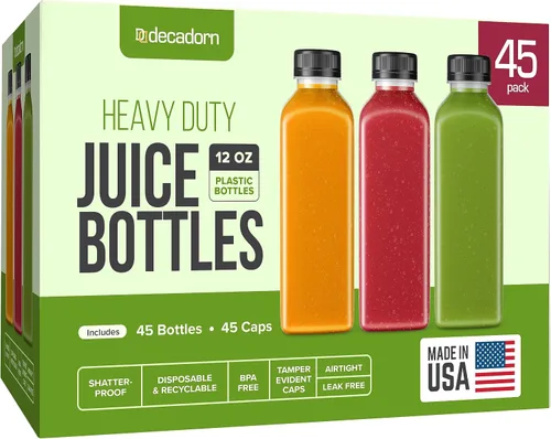 Vista 10 de DECADORN Botellas de plástico de 8 onzas con tapas, 12 unidades - Botellas para hacer jugos - HECHAS EN EE. UU. Botellas mini transparentes