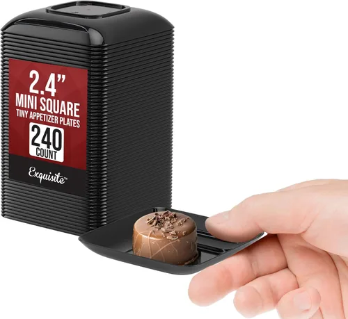 Vista 14 de Exquisite Mini platos de postre pequeños, paquete de 120 platos desechables negros de 2.4 x 2.4 pulgadas, pequeños de plástico sin BPA para bodas