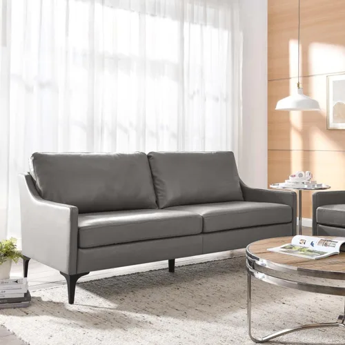 Vista 2 de Modway Sofá Corland de cuero y metal de estilo moderno en acabado gris