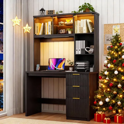Vista 12 de FREDEES Escritorio en forma de L con soporte móvil y luces LED, escritorio de 59 pulgadas estilo granja para oficina en casa con cajón para Negro