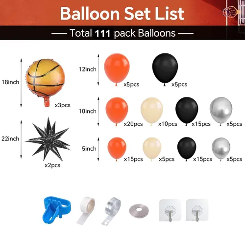 Vista 2 de Kit de guirnalda de arco de globos de baloncesto, 103 globos de fiesta de baloncesto, guirnalda de globos naranja y negro para niños y niñas