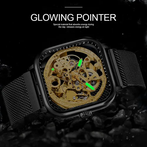 Vista 4 de Fashion Automatic Watches Mechanical Wrist Watch Golden for Mens Skeleton Watches with Stainless Steel Transparent Dial