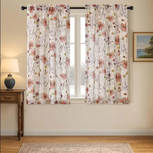 Vista 11 de Cortinas Transparentes Arrugadas de 96 Pulgadas de Largo 2 Paneles, Cortinas Florales Transparentes con Diseño Impreso para Sala de Estar