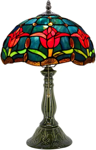 Vista 11 de Tiffany Style Stained Glass Table Lamp 18.5 Inch - Blue Fish Scales 12X12X18.5 Inch, E26 Bulb Base，Pull Chain Switch, Ceramic Base, Bedside