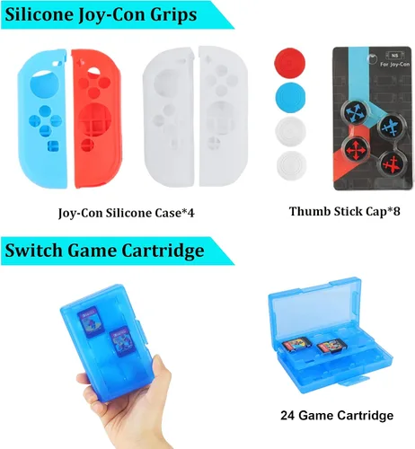 Vista 4 de Paquete de accesorios Switch para fiesta para Nintendo Switch modelo OLED 2021 kit con funda de transporte base de carga Joy Con y agarres