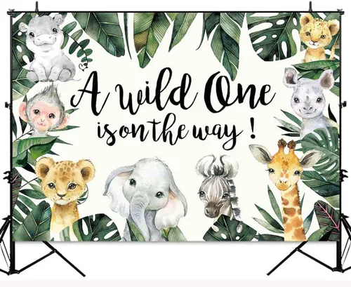 Vista 4 de Wild One - Telón de fondo para baby shower, decoración de fondo de fiesta de safari en la selva, vegetación tropical, animales de zoológico, niños