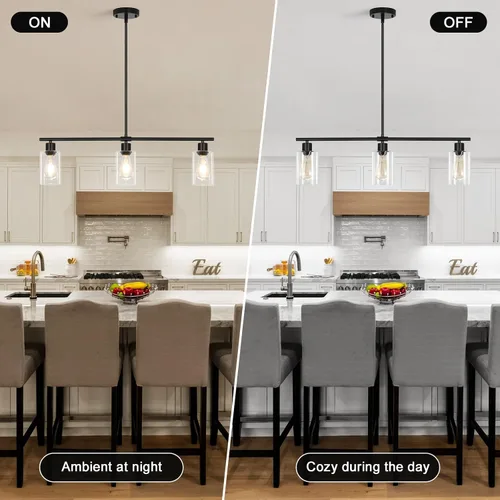 Vista 6 de Iluminación de isla de cocina, 3 luces negras para comedor, lámpara de araña lineal moderna con pantalla de vidrio transparente, 31 pulgadas