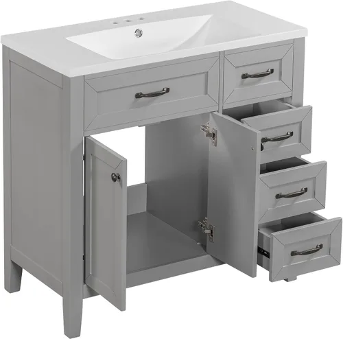 Vista 8 de Runboll Armario de tocador de baño de 36 x 18 pulgadas con parte superior del fregadero, juego de lavabo de baño con cajón y 3 agujeros para grifo