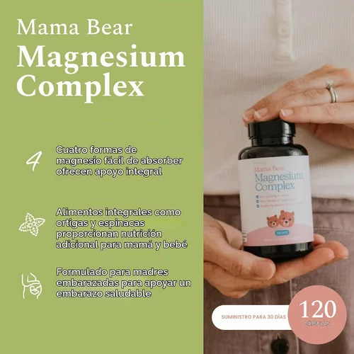 Vista 3 de Suplemento de complejo de magnesio Mama Bear, 120 cápsulas 4 formas: glicinato, citrato, L-treonato y elemental, además de ortigas y espinacas