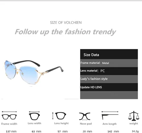 Vista 6 de VOLCHIEN Gafas de sol sin montura para mujer, montura brillante, lentes redondas, montura de metal, gafas de sol para mujeres y hombres VC1012