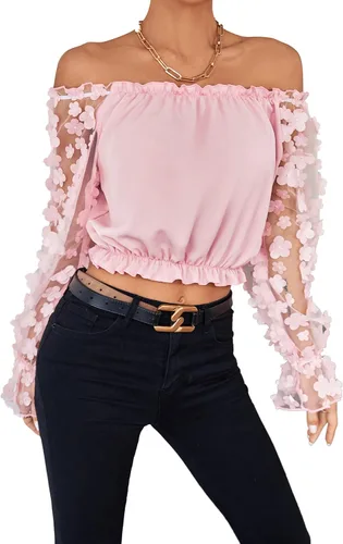Vista 4 de LYANER Blusa corta de manga larga con volantes y hombros descubiertos para mujer