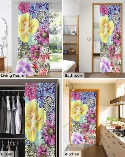 Vista 4 de Cortina opaca bohemia para puerta de 80 pulgadas de largo para dormitorio, con aislamiento térmico, ojales, cortinas opacas con mandala, orquídea