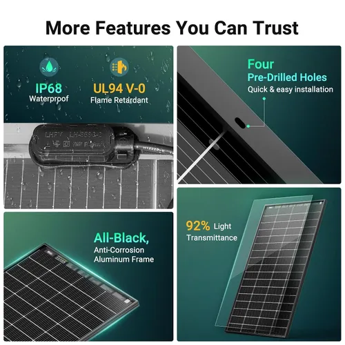 Vista 6 de HQST Panel solar bifacial tipo N 16BB 200 W, con 25% de eficiencia, células de grado A+, clasificación IP65 para RV, remolque, marino, techo