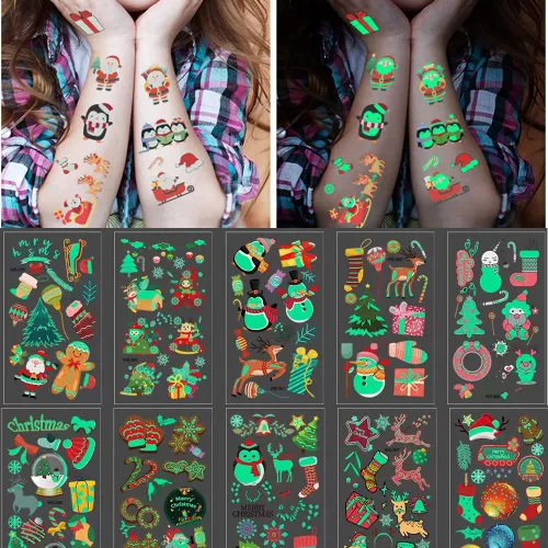 Vista 5 de Tatuajes de Navidad para niños, tatuajes temporales luminosos, 400 calcomanías impermeables de Navidad, tatuajes falsos que brillan en la oscuridad