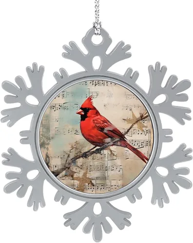 Vista 17 de El cardenal rojo se sienta en una rama de pino en el invierno, adornos de Navidad de copo de nieve de metal, patrón de pájaro cardenal, regalo