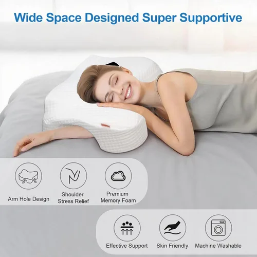 Vista 5 de Almohada para dormir de lado con orificios para los brazos, almohada de espuma viscoelástica para alivio del dolor cervical de cuello, hombros