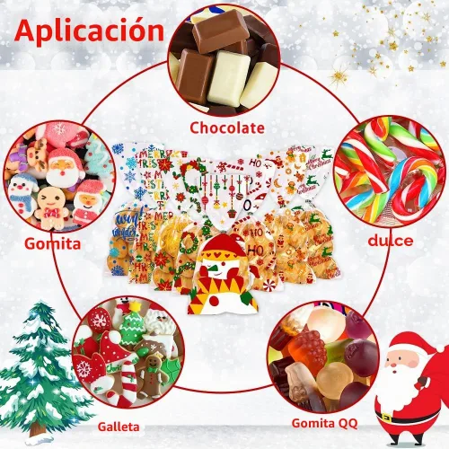 Vista 2 de DULEFUN 160 bolsas de celofán de Navidad, 8 estilos, transparentes para dulces, galletas, golosinas, bolsas de celofán con lazos de torsión