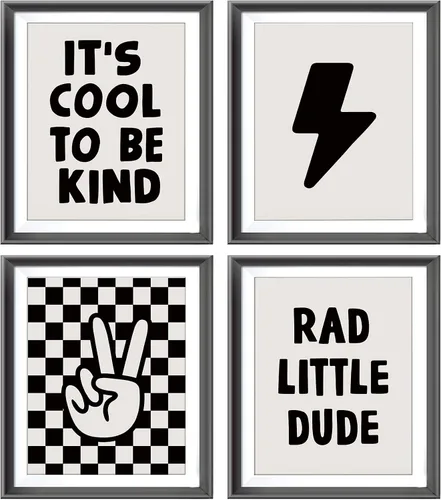 Vista 5 de Cartel de mano retro a cuadros negros y blancos preppy relámpago de la paz para decoración de habitación de niños, decoración divertida de Rad