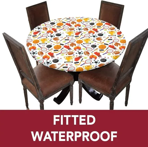 Vista 3 de Sport Round Fitted Tablecloth Cover,Cartoon Sporting Goods Tennis Racket Elastic Edged Polyester Fitted Table Cover, Small, Fit Round Tables up
