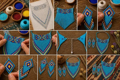 Vista 9 de Collar de Gargantilla de Estilo Nativo con Cuentas de Semillas Trenzadas Azul