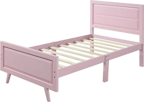 Vista 5 de Base de cama de plataforma de madera, base de cama individual, base de colchón con cabecera, estribo, soporte de listones de madera