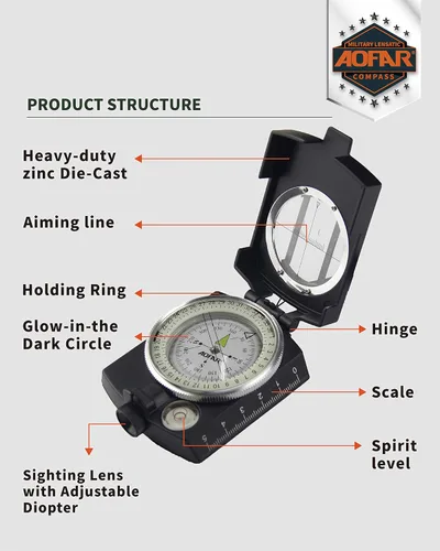 Vista 2 de AOFAR Military Compass,AF-4580 Lensatic Sighting, Waterproof and Shakeproof with Map Measurer Distance Calculator, Pouch for Camping, Hiking