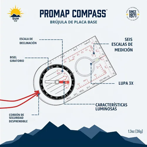 Vista 6 de Sun Company ProMap - Brújula de mapa de placa base ultraligera con escala de declinación - Brújula de orientación precisa para senderismo