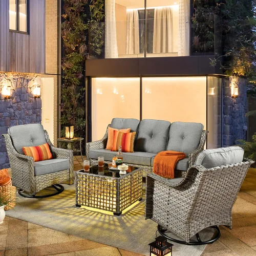 Vista 25 de HOOOWOOO Sofá de patio de 3 plazas de mimbre para exteriores, resistente a todo tipo de clima, con respaldo alto, muebles a juego (beige y bronceado)