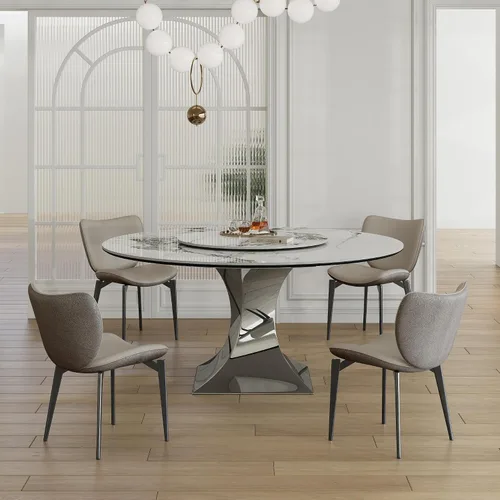 Vista 6 de Mesa de comedor redonda, mesa de comedor de piedra sinterizada blanca, base moderna de acero inoxidable sólido