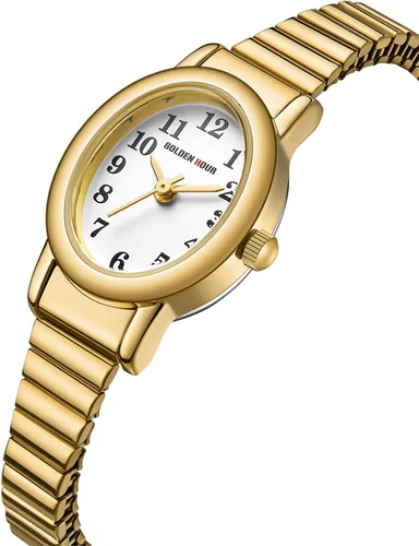 Vista 3 de GOLDEN HOUR Reloj dorado de fácil lectura para mujer con banda de expansión, caja ovalada