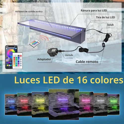 Vista 3 de Fuentes de estanque de acrílico con aplicación de 24 pulgadas, luz LED multicolor, cascadas de piscina al aire libre, cascadas de agua, patio