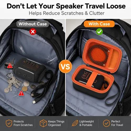 Vista 3 de Funda rígida de transporte para altavoz Bluetooth JBL Go 5/Go 4/Go 3, bolsa de almacenamiento de viaje con forro suave, bolsillo de malla, correa