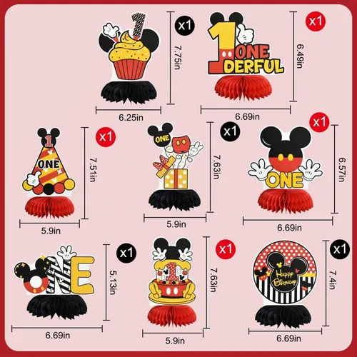 Vista 2 de TONIFUL Centros de mesa con diseño de panal de ratón con temática de cumpleaños número uno en negro, rojo y amarillo, decoración de mesa con ratón