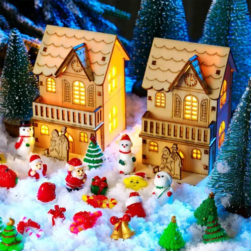 Vista 4 de Skylety 50 figuras miniatura de Navidad, diminutas minifiguras de resina de Papá Noel, muñeco de nieve, árbol de Navidad, hadas, jardín, casa