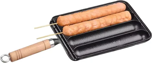 Vista 4 de Sartén para salchichas, Sartén de salchicha de hierro fundido, Bandeja antiadherente para hornear con mango de madera antiescaldado, sartén