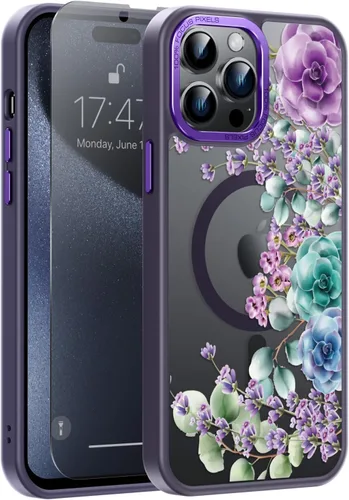 Vista 122 de Goodon para iPhone 15 Pro Max con protector de pantalla de privacidad, compatible con Magsafe, funda translúcida mate a prueba de golpes - Linda