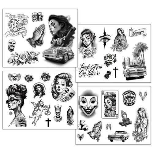 Vista 3 de Los Vatos Chicano Vol. II - Cholo y Chola Tatuajes Temporales Para Hombres Mujeres, Payasa, Lowrider, Virgen María, Oración, Cruz, Chicana