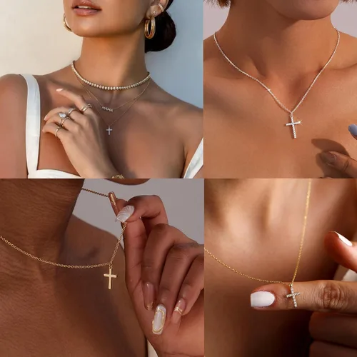 Vista 21 de Collar de cruz para mujeres y niñas, delicado chapado en oro de 14 quilates, gargantilla con dije de cruz que no se deslustra, impermeable, moderno