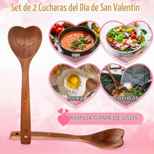 Vista 3 de Soaoo 2 cucharas de madera en forma de corazón para el día de San Valentín, cucharas de cocina para cocina, mamá, esposa, fiesta temática de San