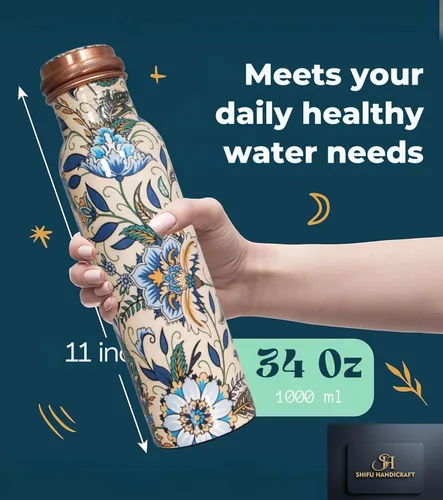 Vista 4 de Botella de agua de cobre de 34 onzas, botella de agua grande de cobre para beber, recipiente multicolor ayurvédico 100% puro para botella de tapa a