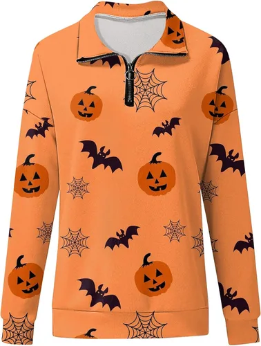Vista 2 de Sudaderas de Halloween para mujer, de manga larga, con estampado de corbata, cremallera, sudaderas con capucha, tallas S-3XL