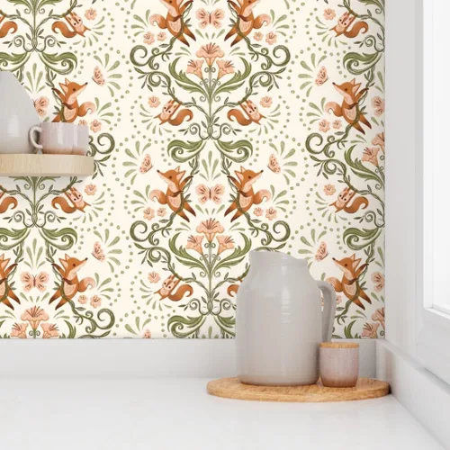 Vista 8 de Spoonflower Muestro de papel tapiz extraíble – Caprichoso Zorro Naranja Ardilla Botánica Naturaleza Jardín Crema Verde Rosa Dulce Lindo Papel